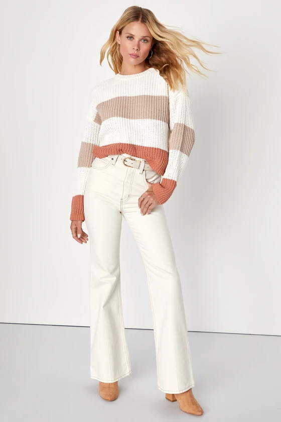 10686201_2199496 Moments of Cozy Ivory Multi Striped Crew Neck Pullover Sweater - Image 2