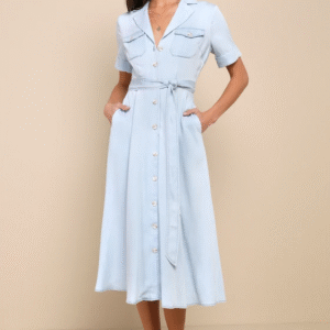 Pleasant Cutie Blue Chambray Collared Midi Dress With Pockets