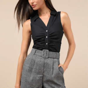 Confidently Posh Grey Plaid Belted High-Waisted Shorts