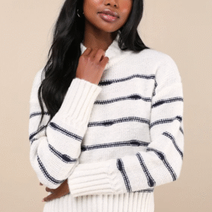 Cuddly Delight White Striped Mock Neck Pullover Sweater Top