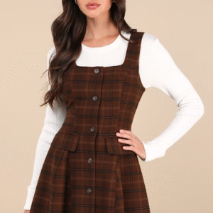 Autumn Approach Brown Plaid Sleeveless Button-Up Mini Dress
