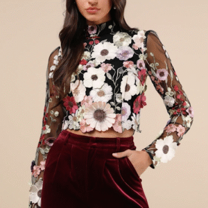 Fantastic Charisma Black 3D Floral Lace-Up Top