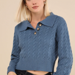 Cozy Agenda Dark Blue Collared Cable Knit Sweater