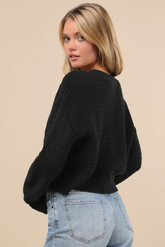 12348621_2541691 Sweetest Poise Black 3D Rosette Button-Front Cardigan - Image 2