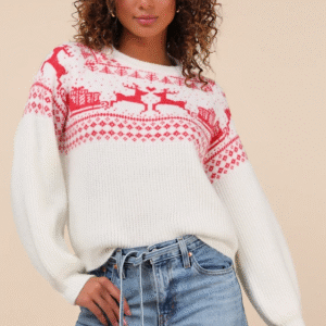 Cutest Cheer Ivory and Red Fair Isle Pullover Sweater