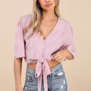 Delightful Darling Pink Floral Embroidered Tie-Front Crop Top