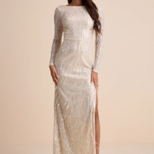 Glittery Devotion Champagne Sequin Fringe Maxi Dress