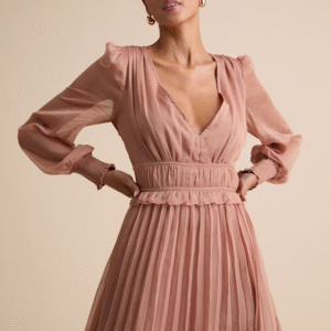 Cambree Mauve Pink Pleated Blouson Sleeve Lace Midi Dress