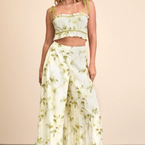 Alvima Beige Multi Leaf Print Wide-Leg Pants