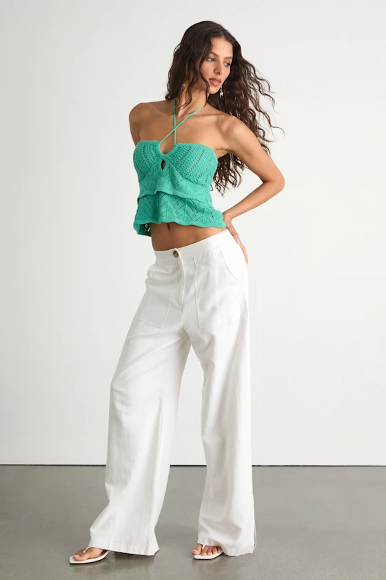 2692271_04_fullbody_2025-07-30 Linden Teal Green Crochet Cutout Tiered Halter Top - Image 3