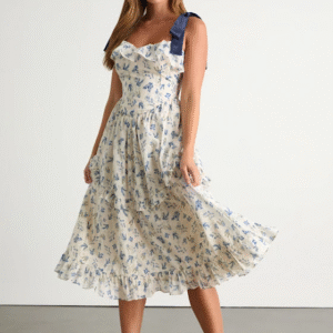 Candice Ivory Floral Ruffled Tie-Strap Midi Dress