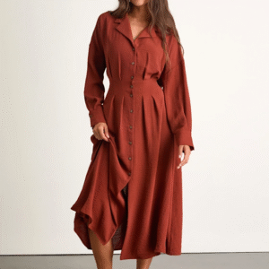 Timeless Class Rust Collared Button-Up Pleated Midi Dress